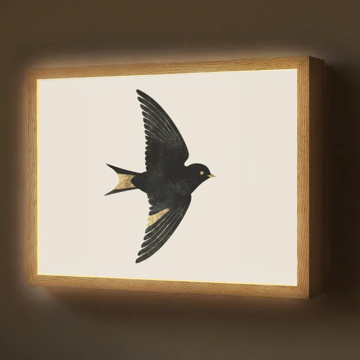 Zwarte zwaluw - Gouden accenten - Lichte achtergrond Light Box met batterij (Wandlamp) middel -z3d_website