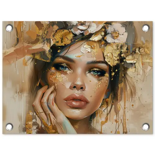 Vrouw - Bloemen  - Goud - Portret tuinposter los doek klein -3d