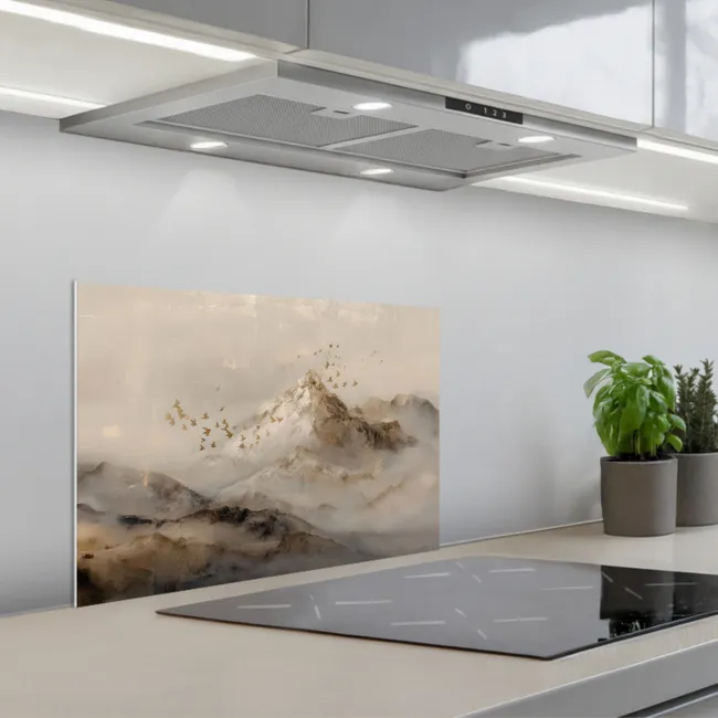 Berglandschap - Mist  - Penseelstreken keuken achterwand spatscherm klein -3d_schuin