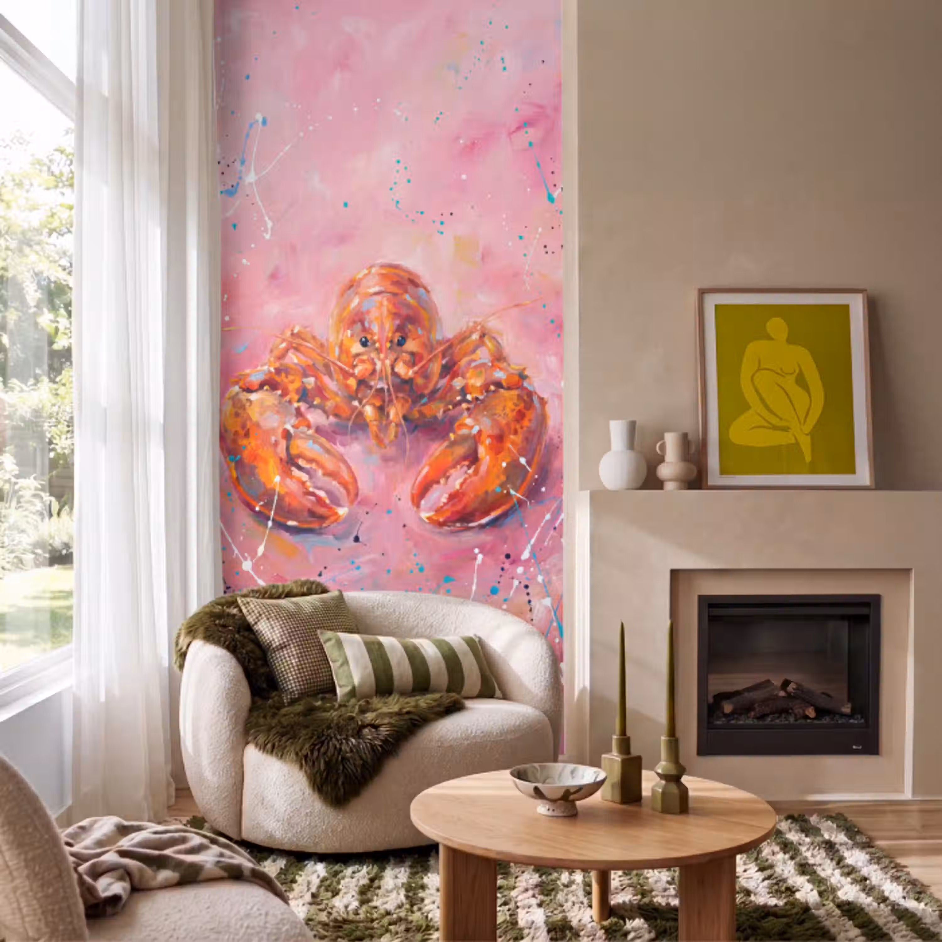 Zeeleven - Kreeft - Spatters - Abstract - Roze Behang Vlies klein -sfeer2