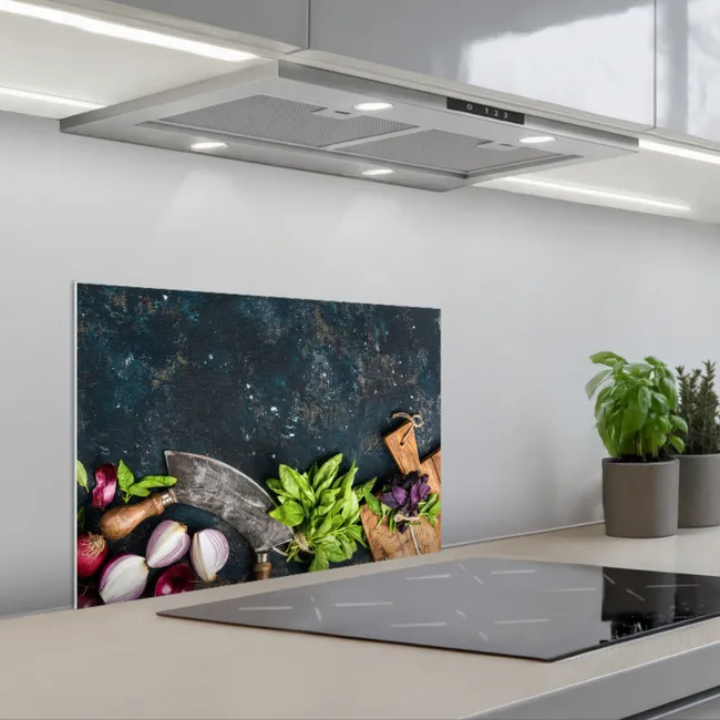 Groente - Kruiden - Wiegemes - Ui - Specerijen - Rustiek keuken achterwand spatscherm klein -3d_schuin