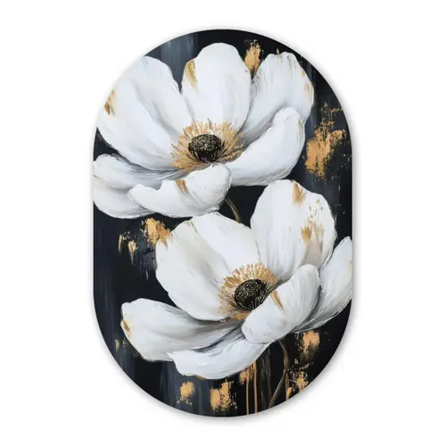 Bloemen - Wit - Abstract Wandcirkel Ovaal Glas middel -3d