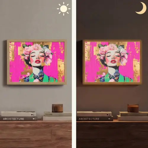Bloemenkroon - Goud - Vrouw - Portret Light Box met batterij (Wandlamp) middel -sfeer3
