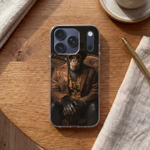 Chimpansee - Stoel - Pak - Bruin Telefoonhoesje iPhone 17 Pro klein -sfeer1