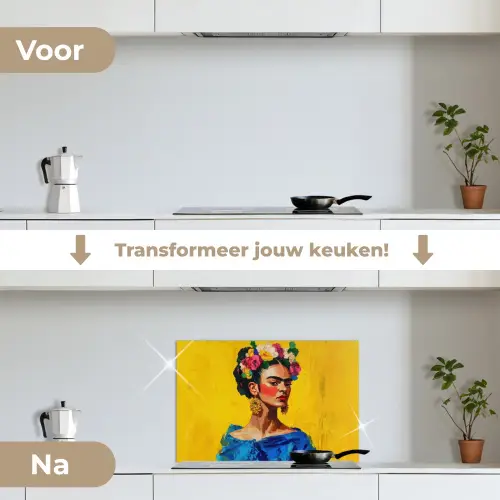 Frida Kahlo - Vrouw - Geel - Blauw - Bloemen keuken achterwand spatscherm klein -voor_na_NL