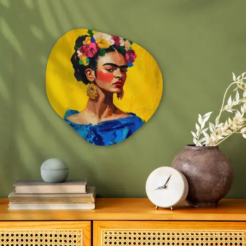 Frida Kahlo - Vrouw - Geel - Blauw - Bloemen Wandcirkel Organisch Forex 3mm klein -sfeer2