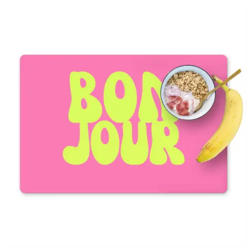 Bonjour - Roze - Fel groen Placemat vinyl groot -zzzproduct_Kitchenyeah-website