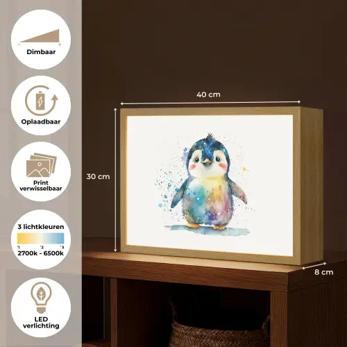 Pinguïn - Regenboog - Waterverf - Dieren - Kinderen Light Box met batterij (Wandlamp kind) middel -USP_websiteoverzichtNL