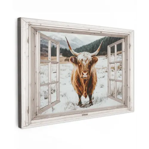 Schotse Hooglander - Winterlandschap - Landelijk - Bergen - Doorkijk Tuinposter op houten frame 2 cm dik klein -3d