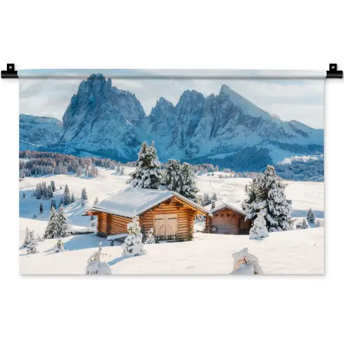 Winter - Huisje - Bergen - Uitzicht - Sneeuw Wandkleed katoen klein -zz3d