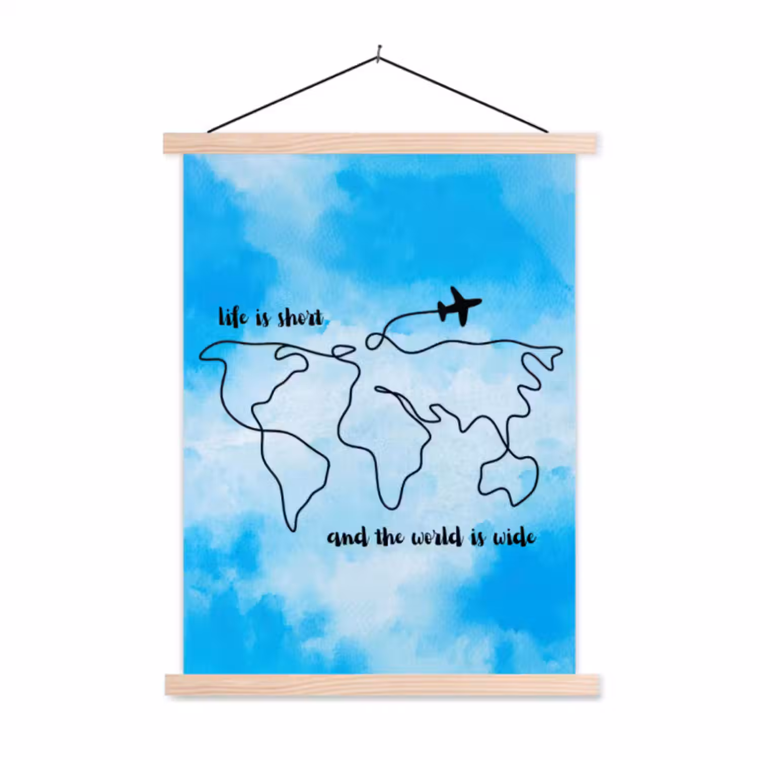 Stoffbild - Blau - Zitat - Weltkarte