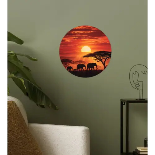 Savanne - Olifanten - Zonsondergang Wandcirkel behangsticker klein -sfeer2