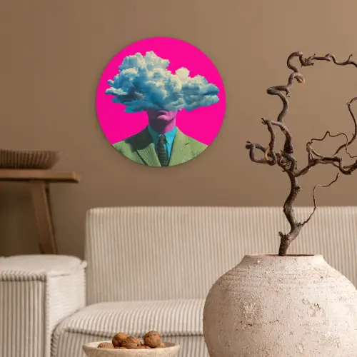 Man - Pak - Wolk - Roze Wandcirkel kunststof plaat 5mm dik klein -sfeer1