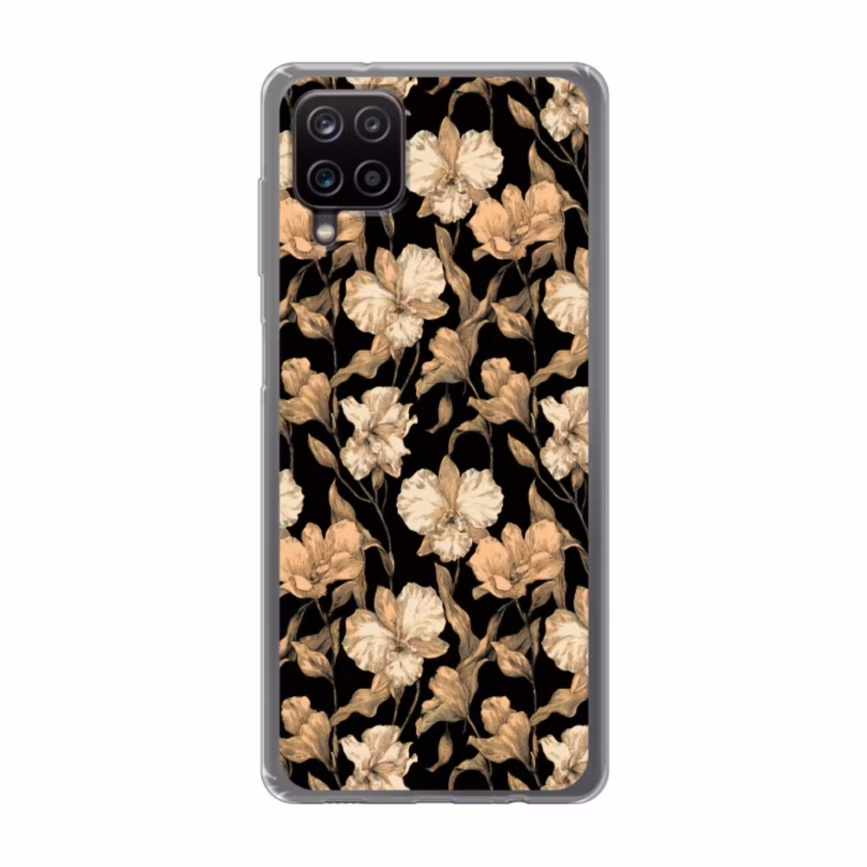 Orchideeën - Lijntekening - Patroon - Beige - Zwart Telefoonhoesje Samsung Galaxy A12 klein 372 -3d