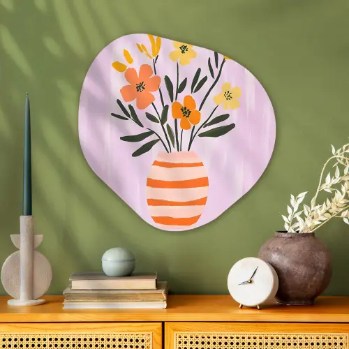 Vaas - Gestreept - Bloemen - Oranje Wandcirkel Organisch Aluminium middel -sfeer2