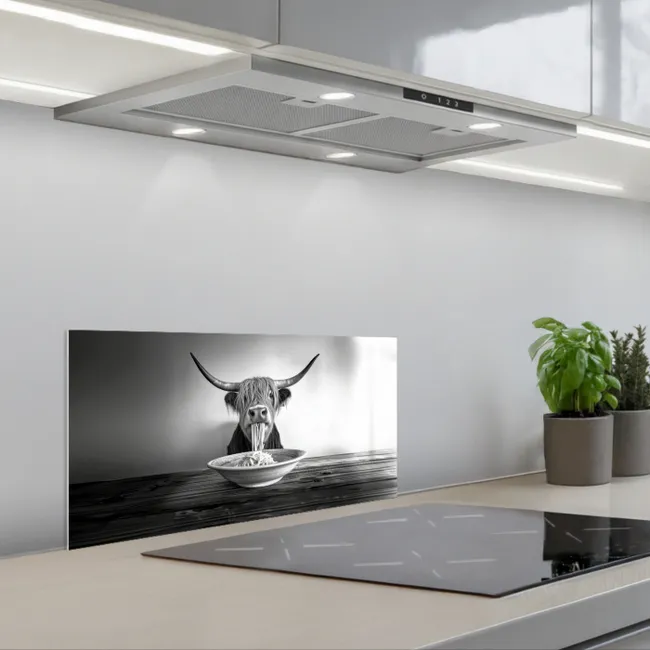 Schotse Hooglander - Spaghetti - Dieren - Zwart wit keuken achterwand spatscherm klein -3d_schuin