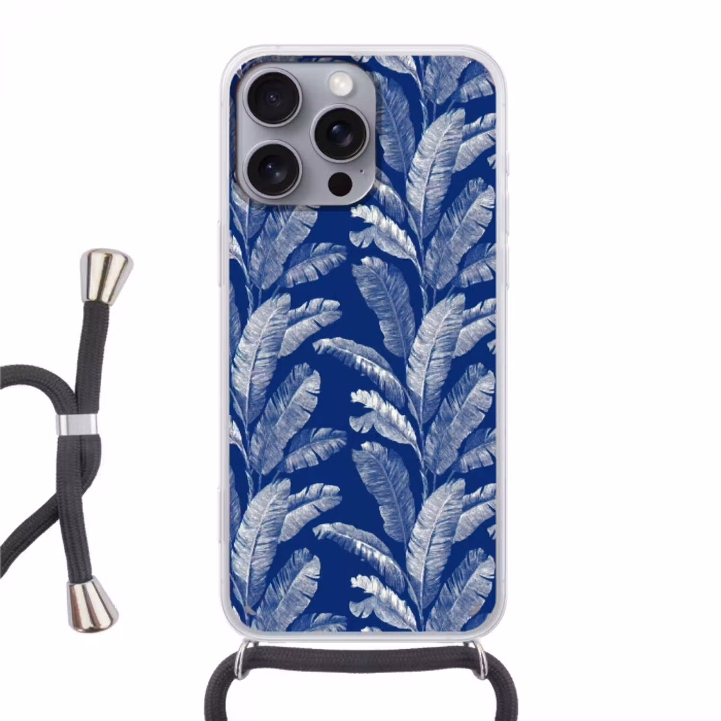 Blad - Palm - Blauw Hoesje iPhone 16 Pro Max met koord klein 804 -3d