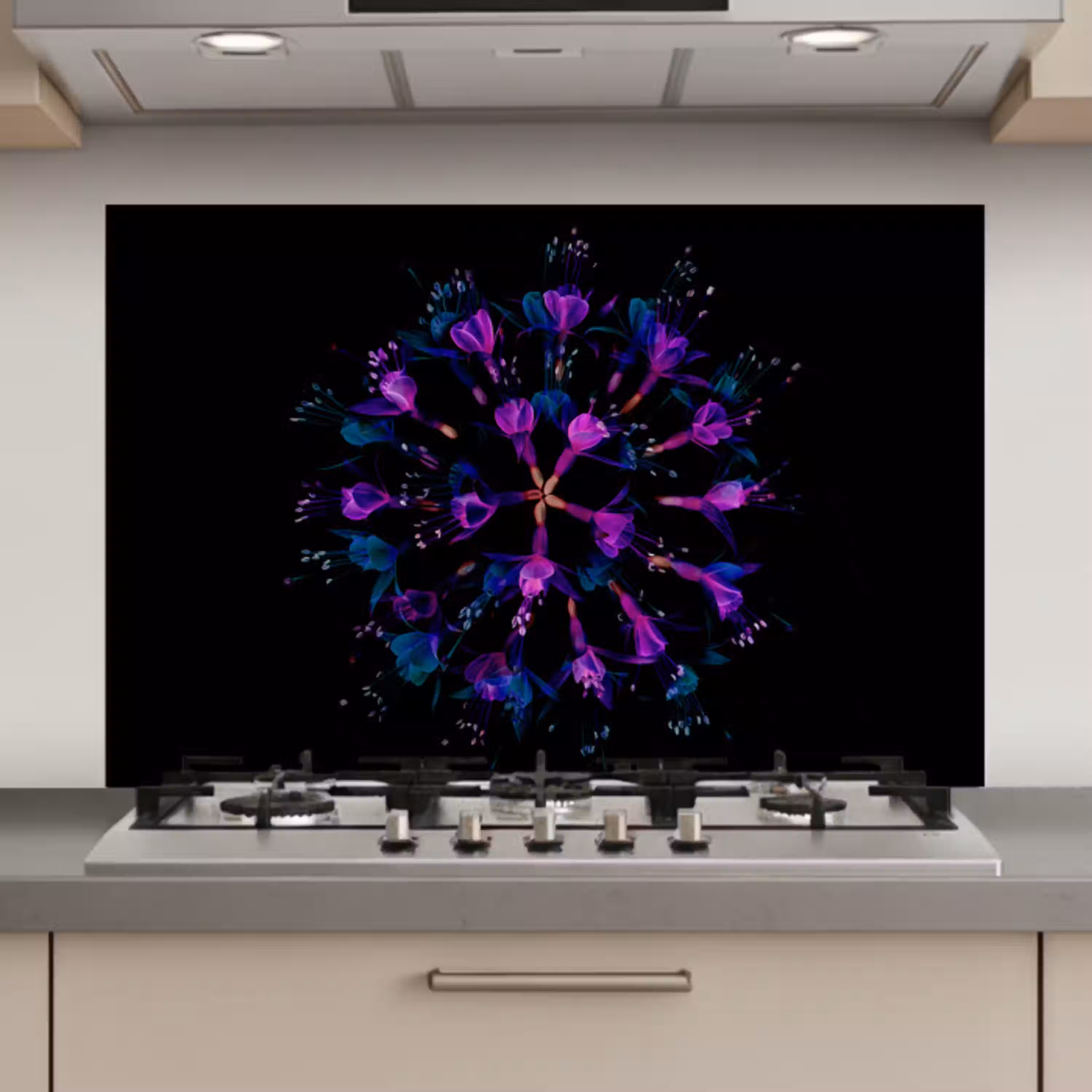 Bloem - Paars - Blauw - Macro - Zwart keuken achterwand spatscherm klein -3d_website