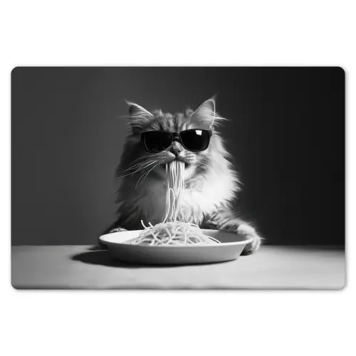 Langharige kat - Zonnebril - Spaghetti - Humor - Zwart - wit Placemat vinyl groot -zzsfeer1_Kitchenyeah-website