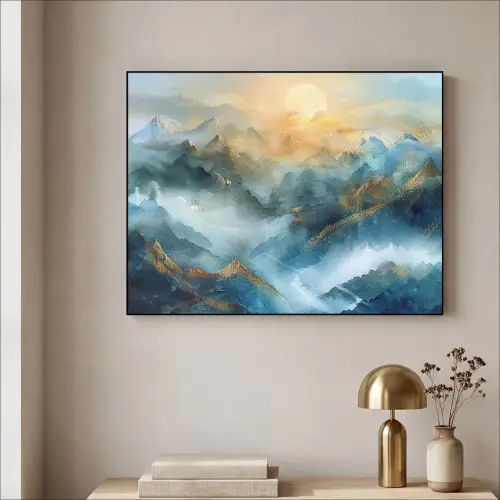 Abstract - Landschap - Bergen - Blauw - Modern Textielframe zwart klein -sfeer2