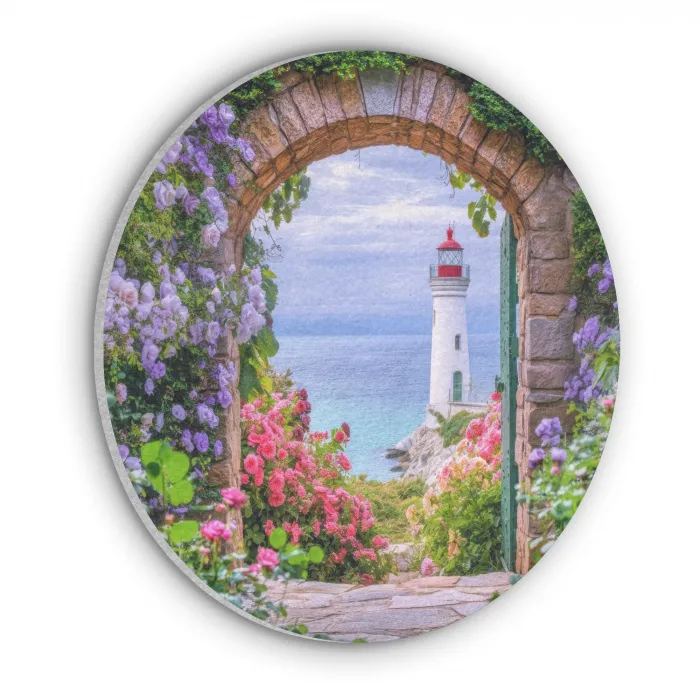 Doorkijk - Vuurtoren - Bloemen - Uitzicht Akoestische PET Vilt - Rond klein -3d