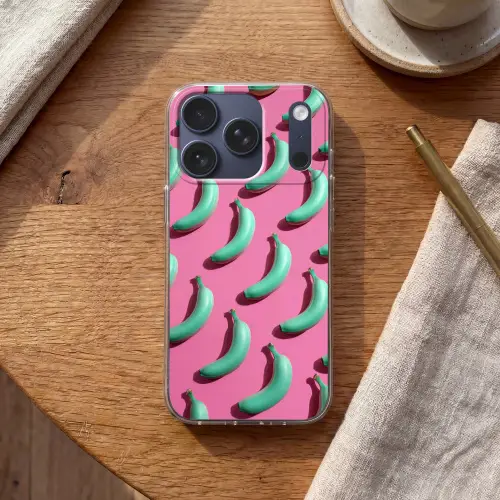 Bananen - Patroon - Blauw - Roze Telefoonhoesje iPhone 17 Pro klein -sfeer1