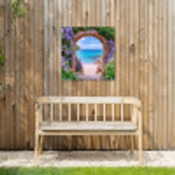 Doorkijk - Poort - Zee - Strand - Rotsen Tuinposter op houten frame 2 cm dik middel -sfeer4