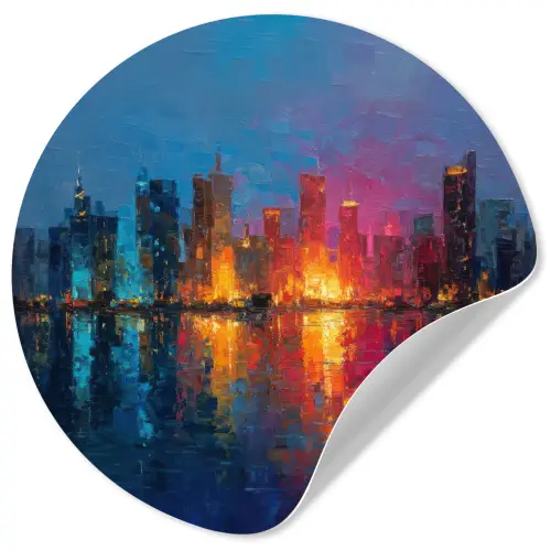 Skyline - Penseelstreken - Donkerblauw - Lichtgevend Wandcirkel behangsticker klein -3d