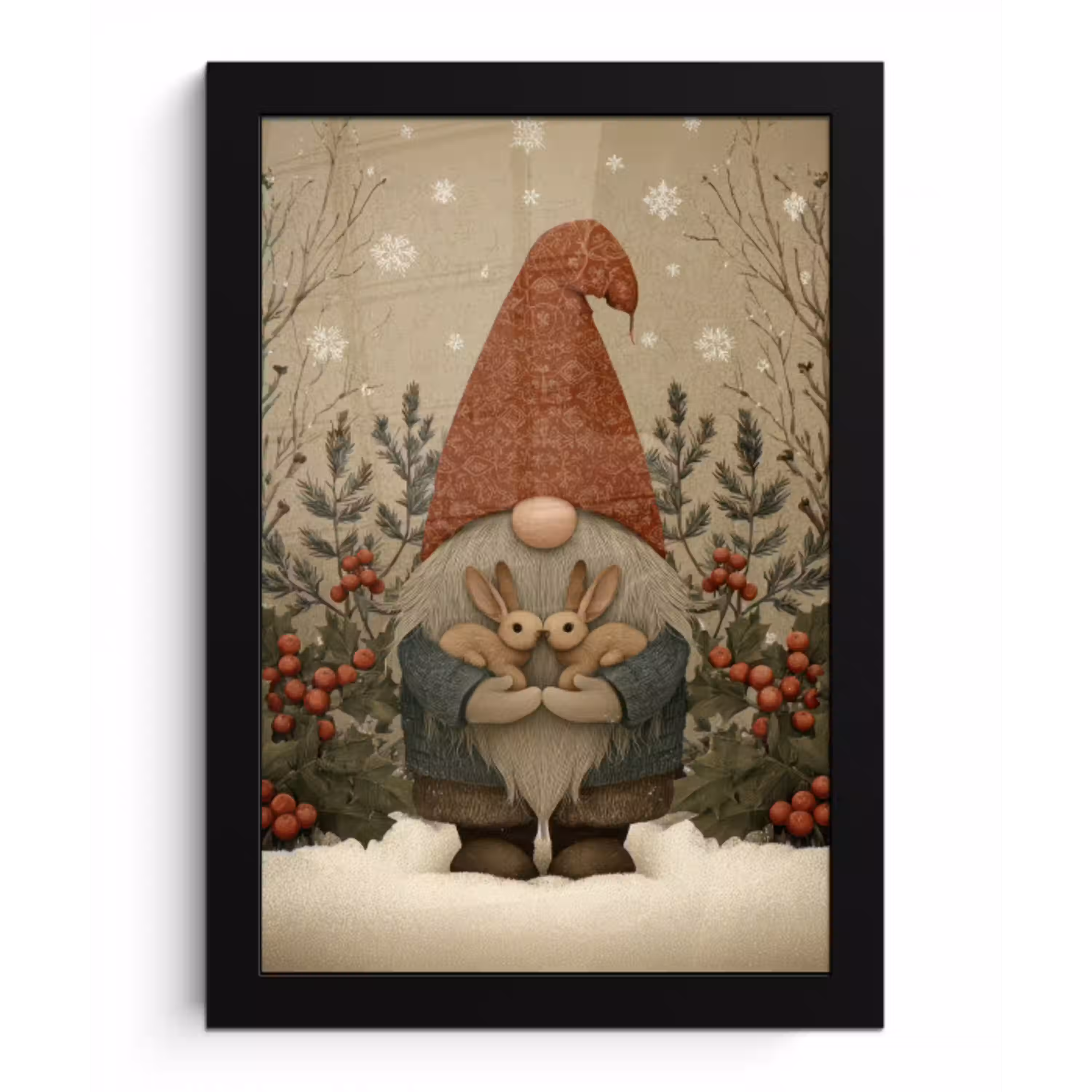 Kerstgnome - Konijntjes - Kleurrijk fotolijst zwart zonder passe partout klein -3d