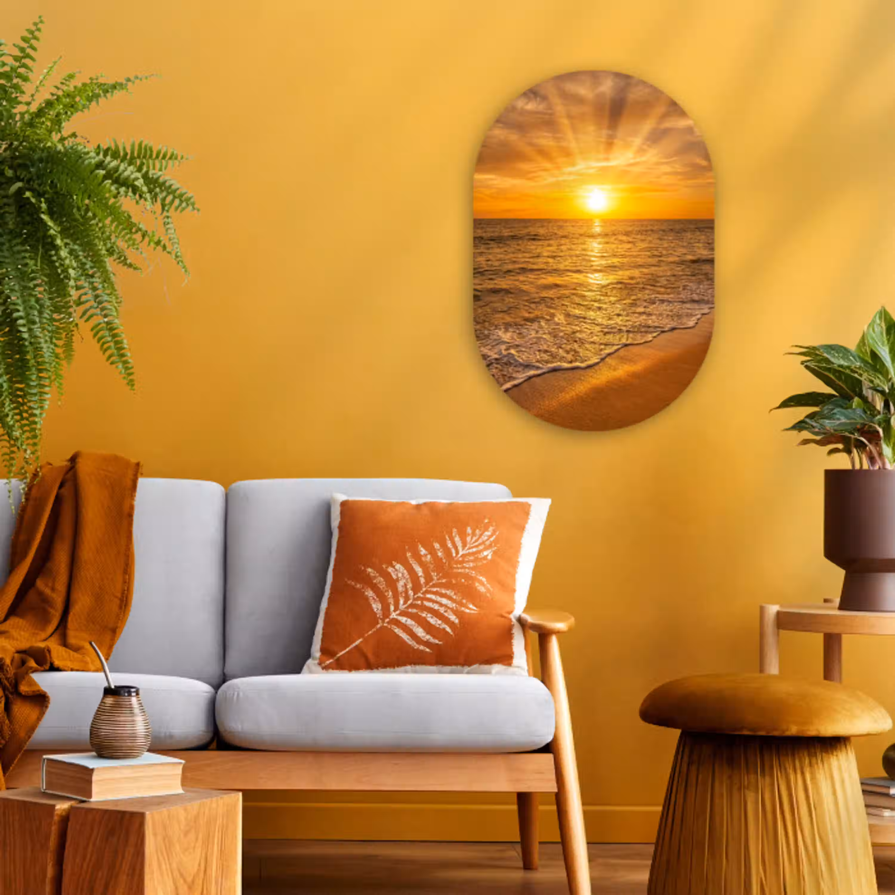 Zee - Zonsondergang - Golven - Kust - Oranje Wandcirkel Ovaal Forex klein -sfeer4