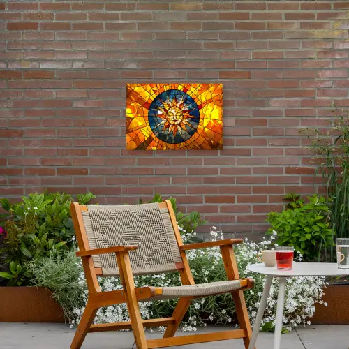 Mozaïek - Zon - Geel - Cirkel Tuinposter op houten frame 2 cm dik klein -sfeer3
