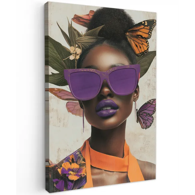 Vrouw - Zonnebril - Vlinder - Bloemen Tuinposter op houten frame 2 cm dik klein -3d