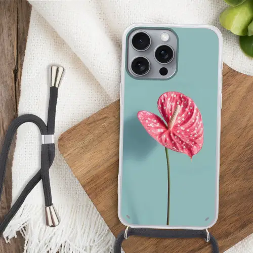 Blad - Anthurium - Stippen - Roze Hoesje iPhone 16 Pro Max met koord klein -sfeer4