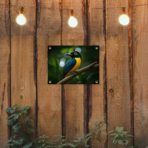 Vogel - Tak - Geel - Bladeren tuinposter los doek klein -sfeer1