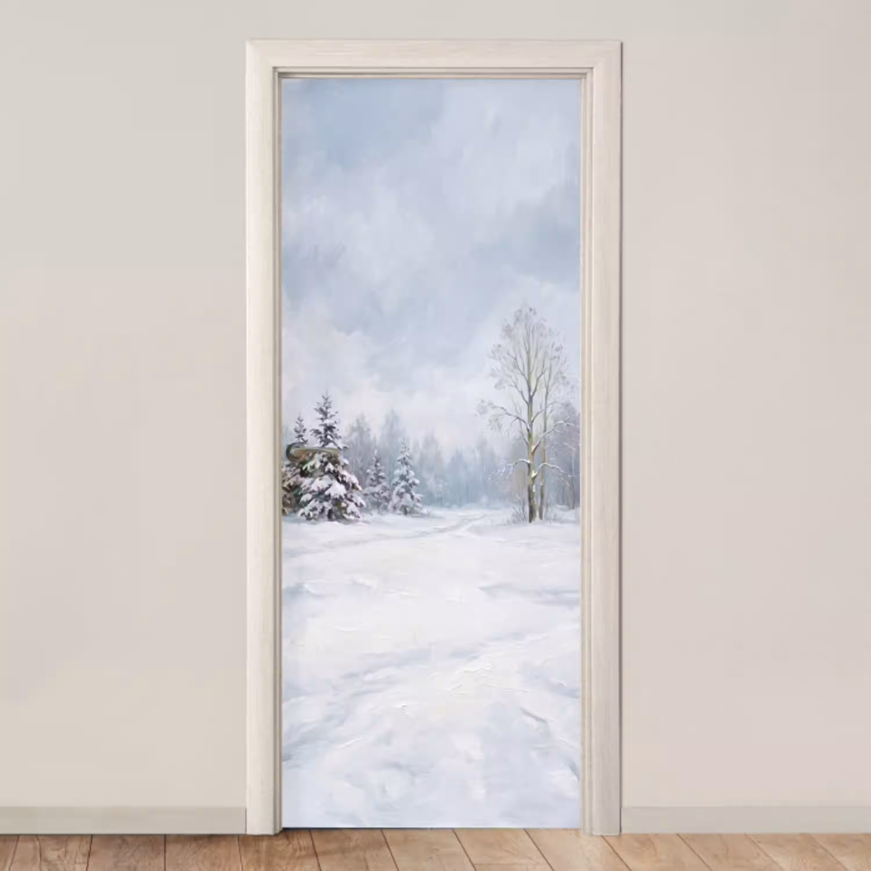Bospad - Dennen - Sneeuw - Winter - Rustgevend deurposter klein -3d_beige