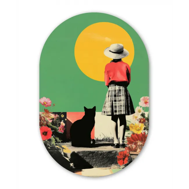 Muurovaal - Retro - Meisje - Kat - Zon
