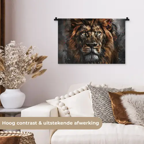 Leeuw - Dieren - Portret - Zwart - Luxe Wandkleed katoen klein -sfeer1
