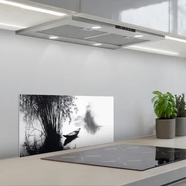 Boot - Rivier - Bamboe - Wit keuken achterwand spatscherm klein -3d_schuin