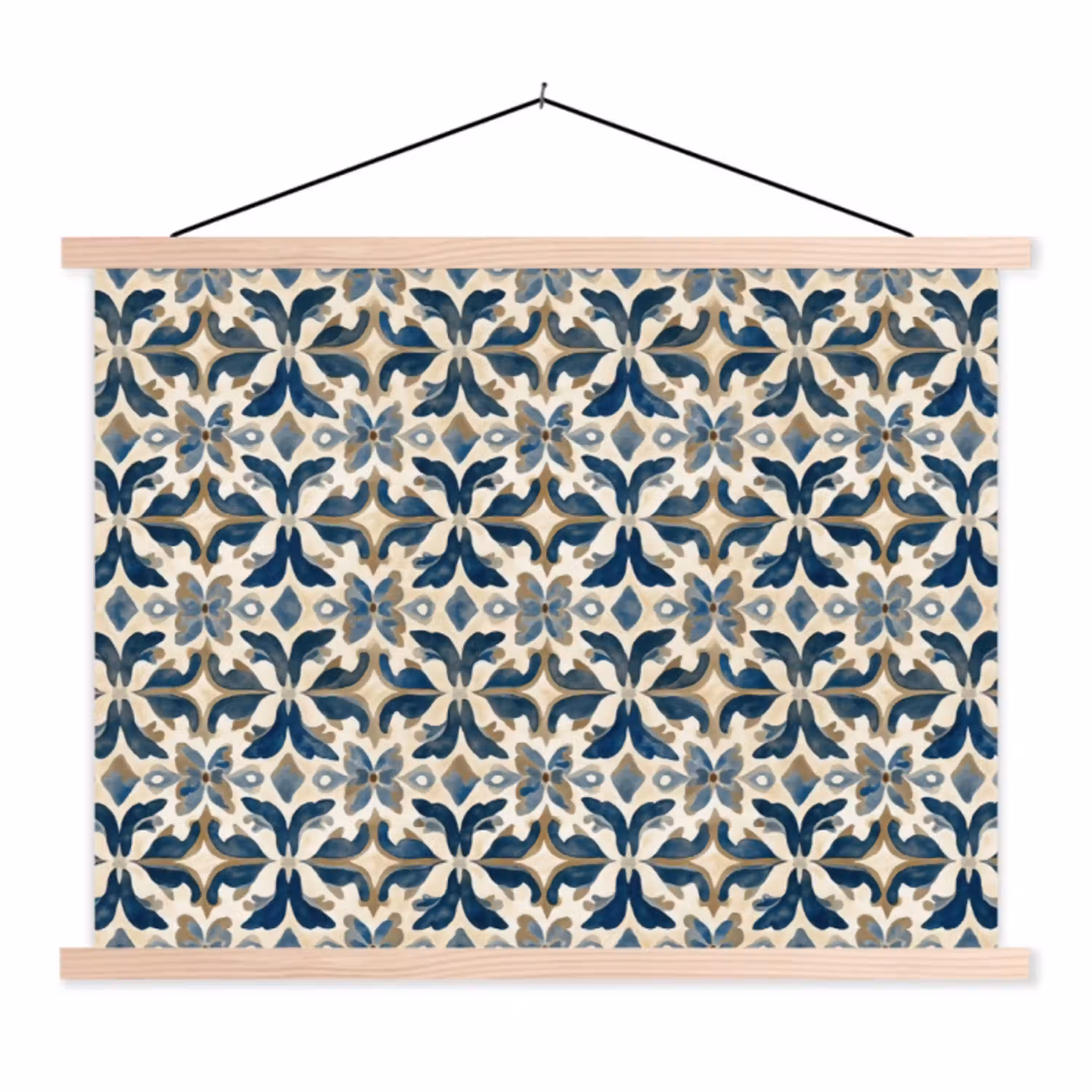 Tegel - Patroon - Blauw - Beige textielposter latten blank klein 122 -3d