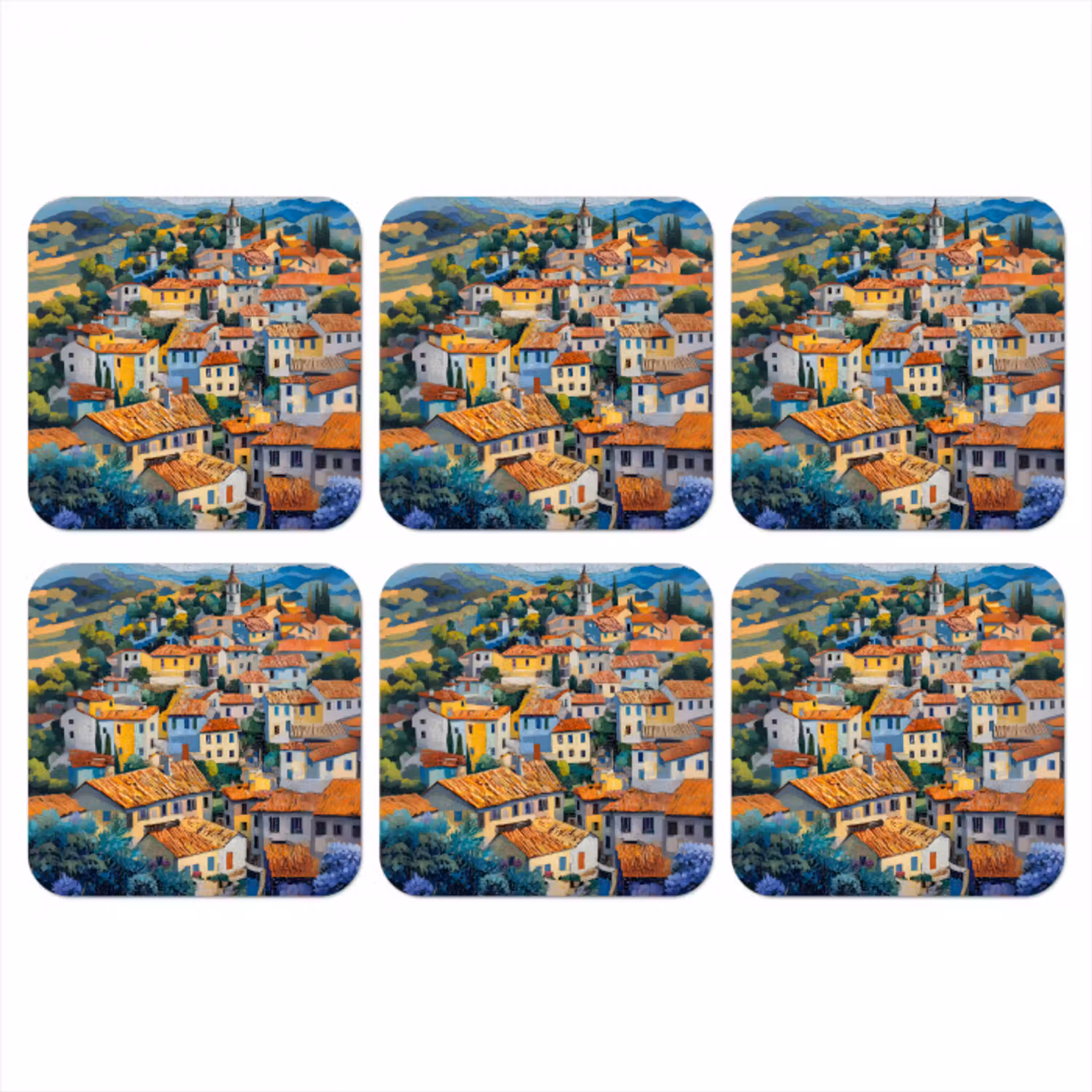 Dorp - Heuvels - Landschap - Bomen onderzetter kurk middel -3d