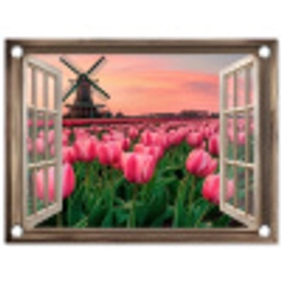 Doorkijk - Tulpen - Bloemen - Molen - Raam tuinposter los doek klein -3d