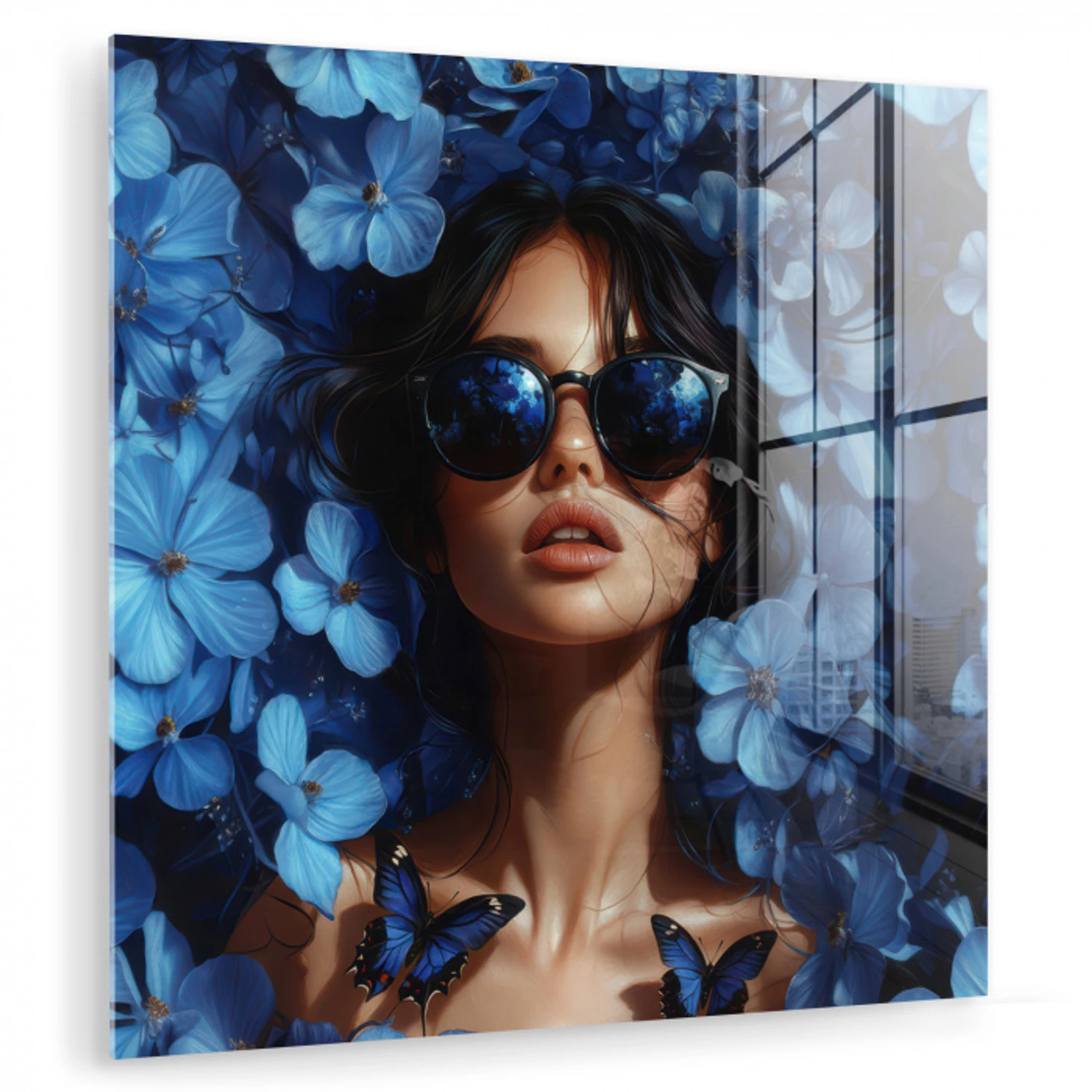 Vrouw - Blauw - Bloemen - Vlinders - Natuur plexiglas 5mm klein -zzzproduct_nieuw