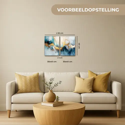 Blauw - Abstract - Wit - Goud - Verf Canvas - Meerluiken 2 luik klein -sfeer6-formaat-
