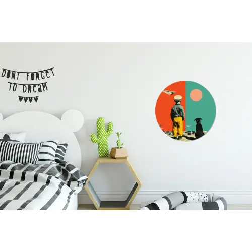Retro - Jongen - Hond - Rood - Groen Wandcirkel aluminium klein -kinderkamer