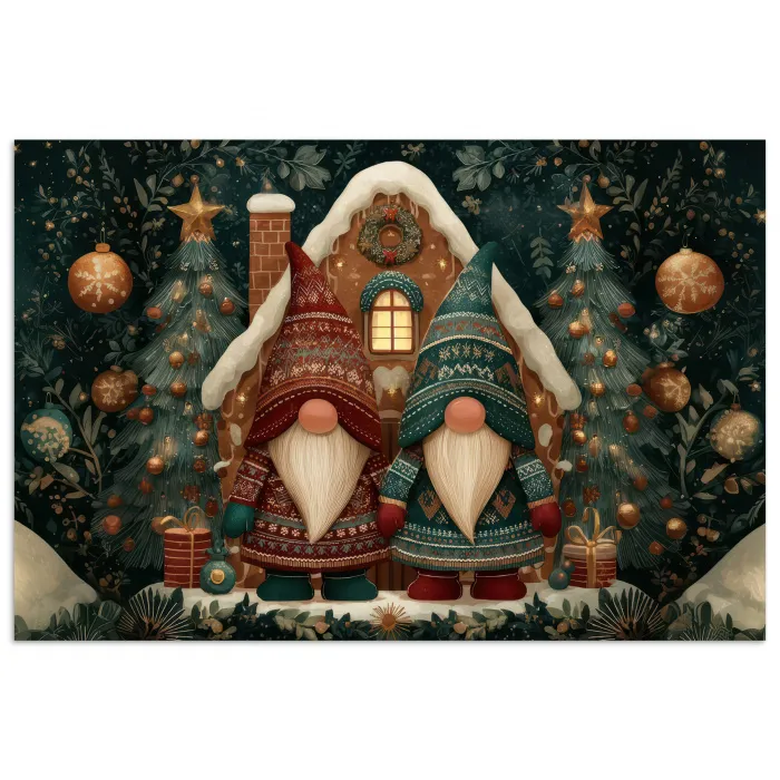Kerst - Gnomen - Peperkoekhuisje - Rood - Groen poster papier klein -3d