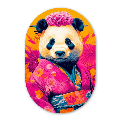 Kimono - Roze - Panda - Bloemenkroon Wandcirkel Ovaal Glas middel -3d