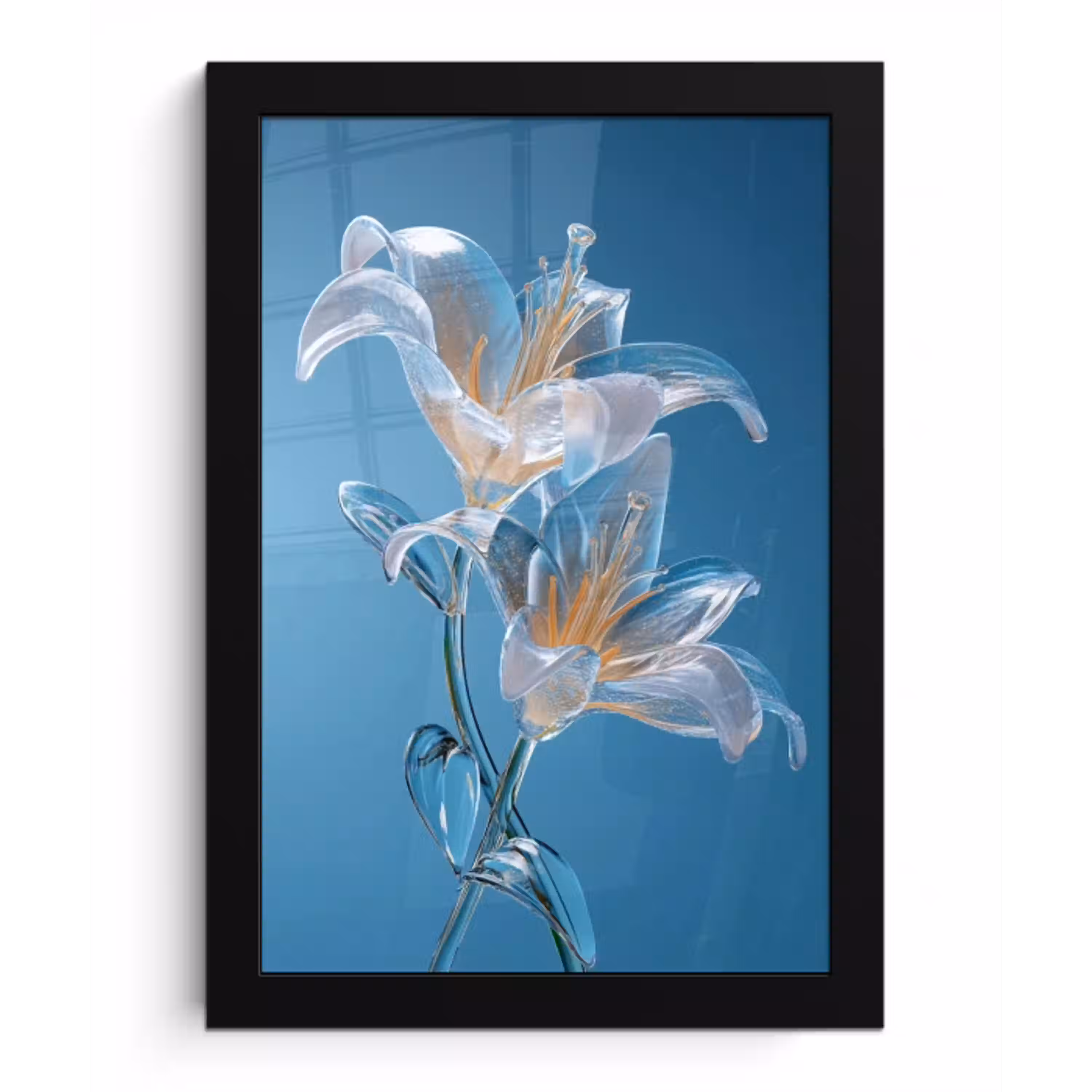 Lelies - Blauw - Glazen fotolijst zwart zonder passe partout klein -3d