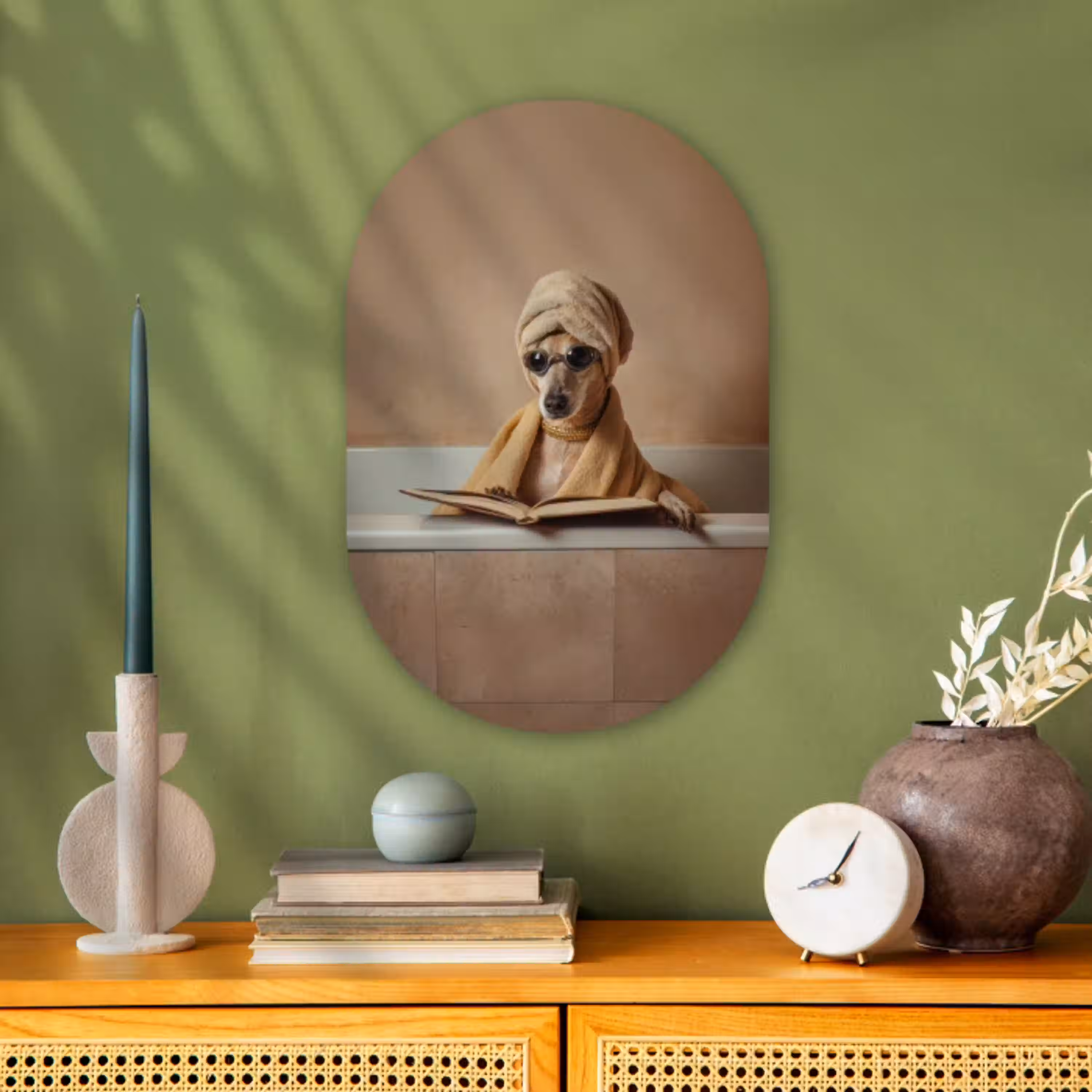 Bad - Hond - Boek - Zonnebril Wandcirkel Ovaal Forex klein -sfeer2