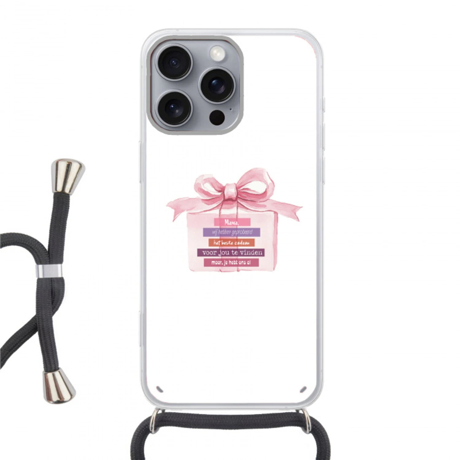 Cadeau - Strik - Tekst - Roze Hoesje iPhone 16 Pro Max met koord klein -3d