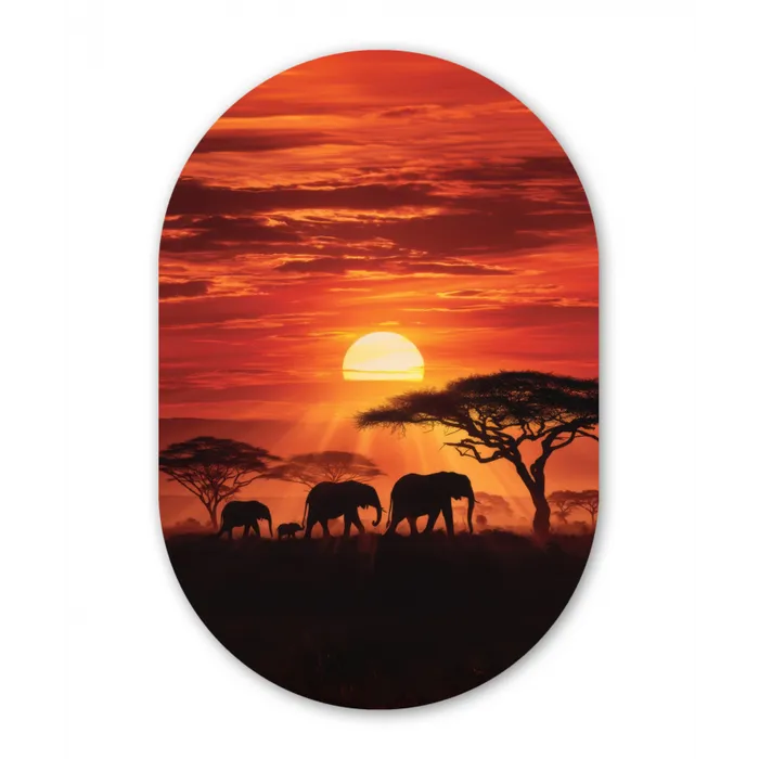 Savanne - Olifanten - Zonsondergang Wandcirkel Ovaal Glas middel -3d